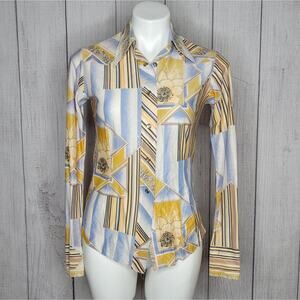 Vintage 70s Longtail H Bar C Pearl Snap Floral Butterful Dagger Collar Top